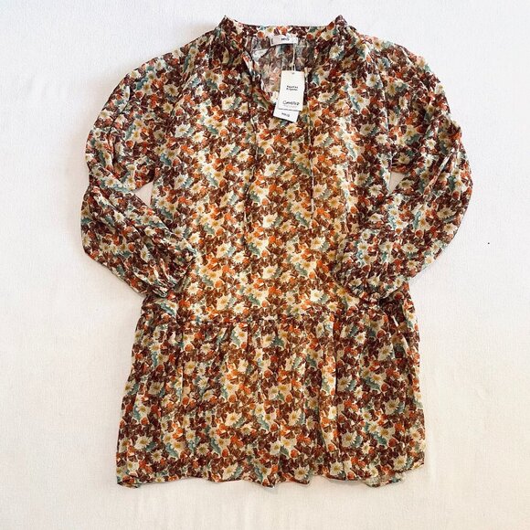 NWT Mango floral print mini dress Women's 4 orange brown loose ruffle boho - Picture 1 of 10